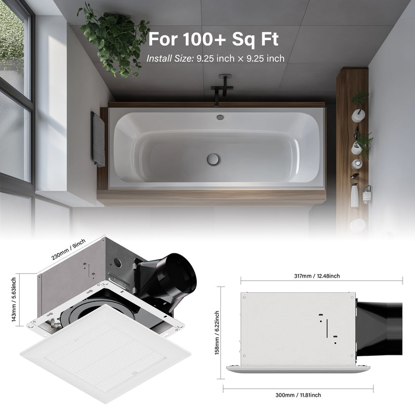 JULLISON Ventilation Fan With Grille for Bathroom and Home, 100CFM, 25W Ceiling Mount Shower Exhaust Fan, 120V, White, Wet Rated, ETL Certified