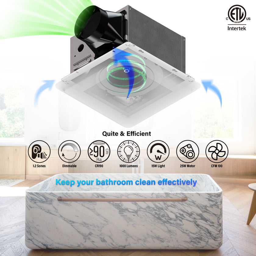 JULLISON 2 In 1 Bath Fan With LED Light, 25W Ceiling Mount Ventilation Fan and Light Combo for Bathroom and Home, 110CFM, 120V, 1000LM, 5CCT Seletable, Dimmable & Wet Rated, ETL Certified