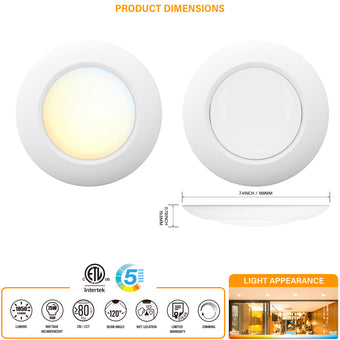JULLISON 20 Packs 6 Inch 5CCT Field Selectable LED Low Profile Recessed & Surface Mount Disk Light, Round, 15W, 920 Lumens, CRI80, 27K-30K-35K-40K-50K, Driverless, Dimmable, ETL & Wet Rated, White