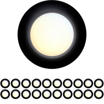 JULLISON 20 Packs 4 Inch Black LED Low Profile Recessed & Surface Mount Disk Light, Round, 10W, 600 Lumens, 5CCT Field Selectable, CRI80, DOB Design, Dimmable, ETL Listed