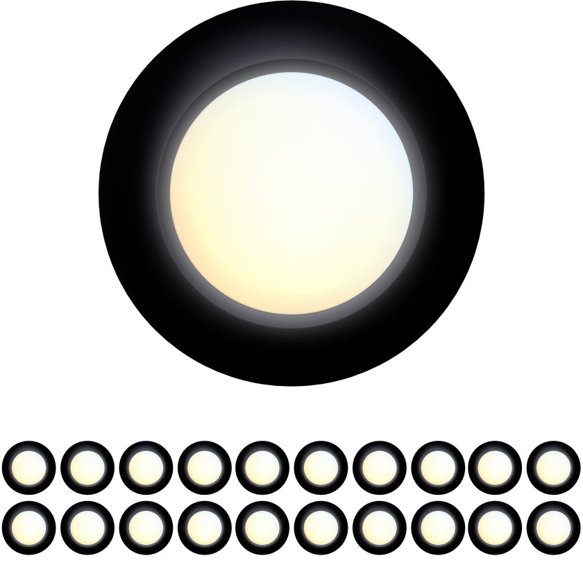 JULLISON 20 Packs 4 Inch Black LED Low Profile Recessed & Surface Mount Disk Light, Round, 10W, 600 Lumens, 5CCT Field Selectable, CRI80, DOB Design, Dimmable, ETL Listed