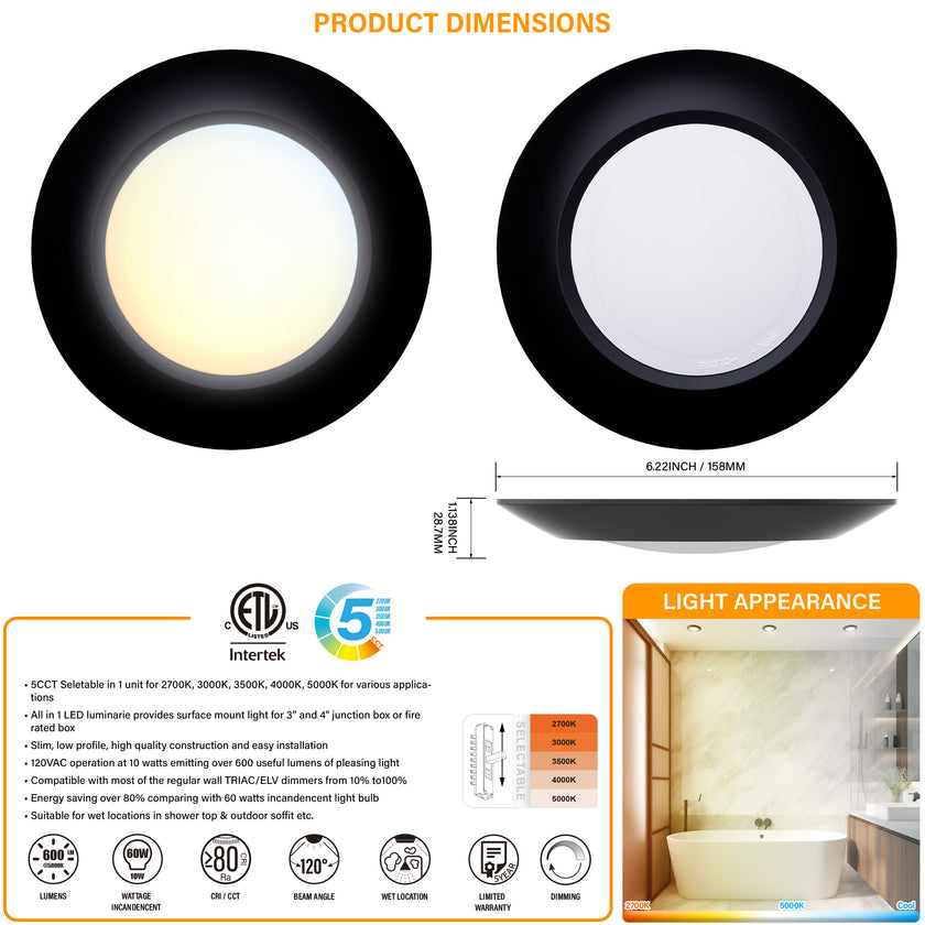 JULLISON 20 Packs 4 Inch Black LED Low Profile Recessed & Surface Mount Disk Light, Round, 10W, 600 Lumens, 5CCT Field Selectable, CRI80, DOB Design, Dimmable, ETL Listed