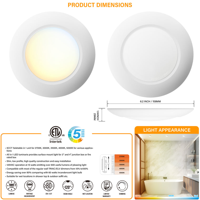 JULLISON 20 Packs 4 Inch White LED Low Profile Recessed & Surface Mount Disk Light, Round, 10W, 600 Lumens, 5CCT Field Selectable, CRI80, DOB Design, Dimmable, Wet Rated & ETL Listed