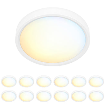 JULLISON 5 Inch Field Selectable 5CCT LED Edgelit Slim Surface Mount Downlight for J-Box, Round, Mini Flat Panel Light, Dimmable, 120VAC, 10W, 620LM, CRI90, ETL, Wet Location, White, 12 Packs