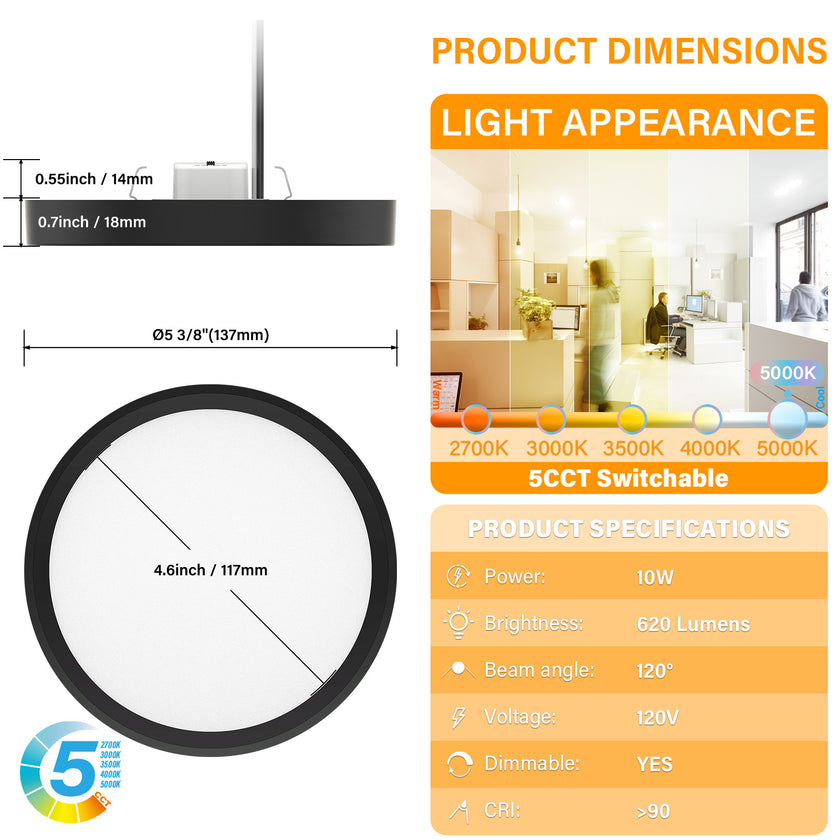 JULLISON 5 Inch Black Flush Mount Ceiling Light 5CCT Selectable LED Edgelit Slim Surface Mount Downlight for J-Box, Mini Flat Panel Light, Dimmable, 120VAC, 10W, 600LM, CRI90, ETL, Wet Rated, 12 Packs