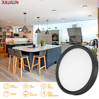 JULLISON 5 Inch Black Flush Mount Ceiling Light 5CCT Selectable LED Edgelit Slim Surface Mount Downlight for J-Box, Mini Flat Panel Light, Dimmable, 120VAC, 10W, 600LM, CRI90, ETL, Wet Rated, 12 Packs